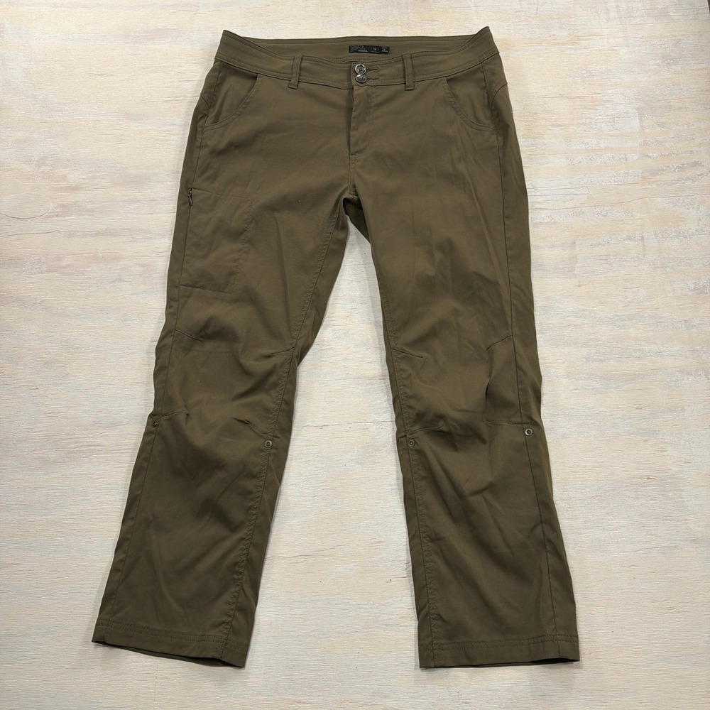 Prana Pant Halle Low Rise Bootcut 14 Short Hiking Stretch Olive Green Womens